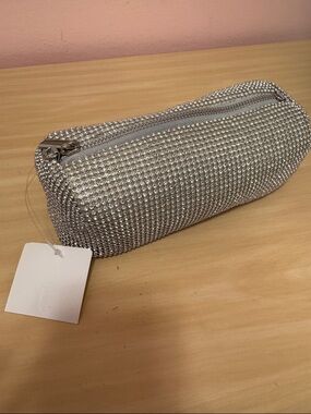 Silver Rhinestone Zip Pouch
